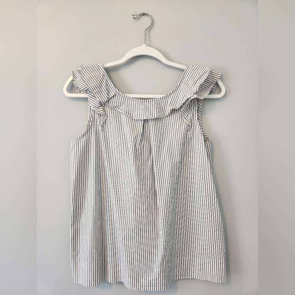 EUC J Crew Grey/White Striped Ruffle Top Sleeveless Cotton Top Sz 4